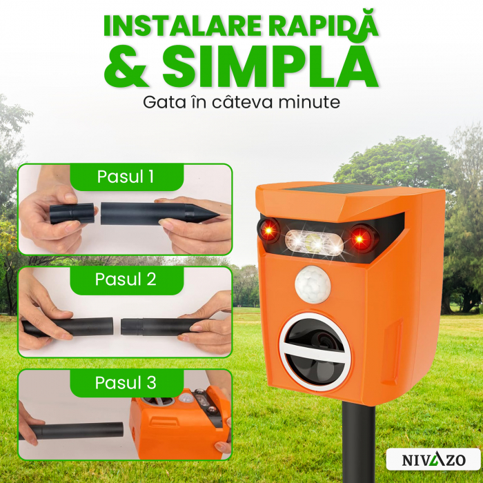 Aparat cu ultrasunete anti pisici, Nivazo® AR01, 2 moduri functionare, actiune 110⁰ si acoperire 10m2, incarcare solara, acumulator 600mAh, portocaliu [6]