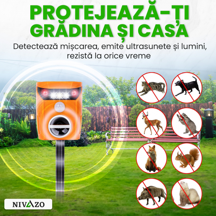 Aparat cu ultrasunete anti pisici, Nivazo® AR01, 2 moduri functionare, actiune 110⁰ si acoperire 10m2, incarcare solara, acumulator 600mAh, portocaliu [2]