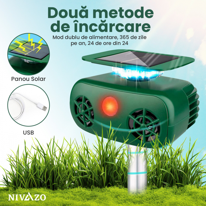 Aparat cu ultrasunete impotriva daunatorilor, Nivazo 628, 2 difuzoare ultrasonice, 5 moduri functionareincarcare solara/USB [2]