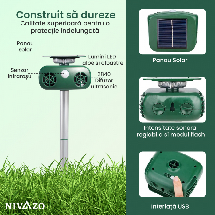 Aparat cu ultrasunete impotriva daunatorilor, Nivazo 628, 2 difuzoare ultrasonice, 5 moduri functionareincarcare solara/USB [7]
