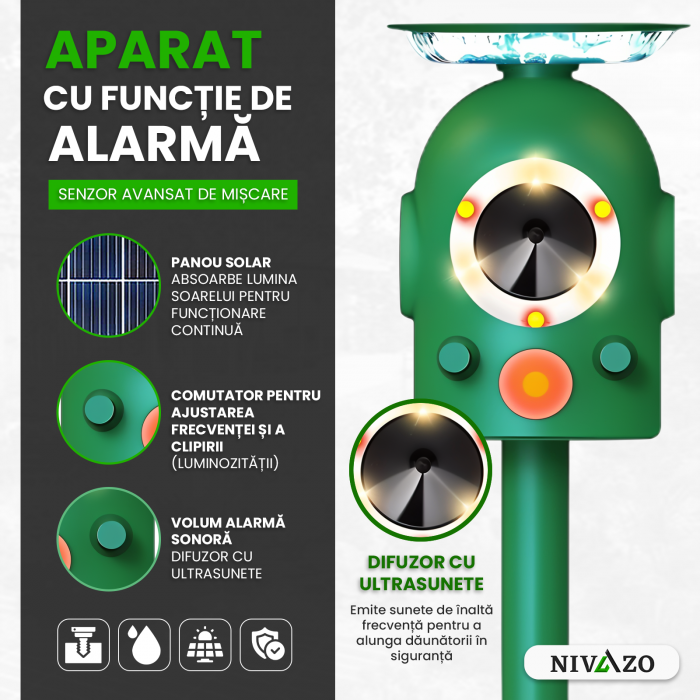 Aparat cu ultrasunete impotriva daunatorilor, Nivazo 658, 3 difuzoare, 5 moduri functionare, incarcare solara, rezistent la apa lP66, acoperire 360° [3]