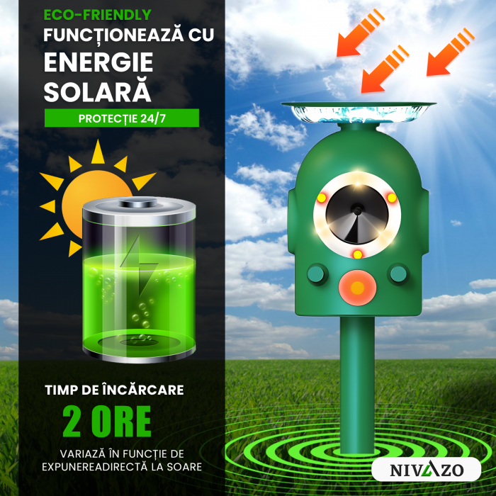 Aparat cu ultrasunete impotriva daunatorilor, Nivazo 658, 3 difuzoare, 5 moduri functionare, incarcare solara, rezistent la apa lP66, acoperire 360° [4]