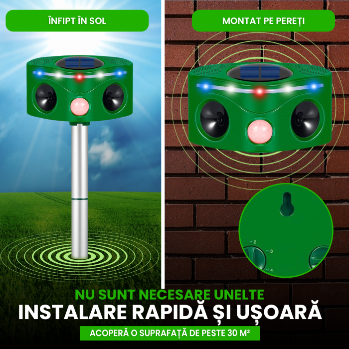 Aparat cu ultrasunete impotriva daunatorilor, Nivazo 686, 2 difuzoare, 5 moduri functionare, incarcare solara, rezistent la apa lP44, acoperire 110° [4]