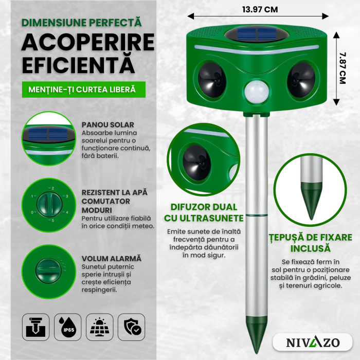 Aparat cu ultrasunete impotriva daunatorilor, Nivazo 686, 2 difuzoare, 5 moduri functionare, incarcare solara, rezistent la apa lP44, acoperire 110° [3]