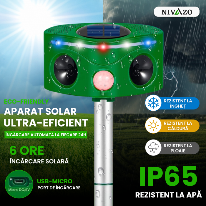 Aparat cu ultrasunete impotriva daunatorilor, Nivazo 686, 2 difuzoare, 5 moduri functionare, incarcare solara, rezistent la apa lP44, acoperire 110° [5]