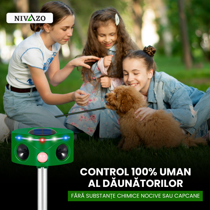 Aparat cu ultrasunete impotriva daunatorilor, Nivazo 686, 2 difuzoare, 5 moduri functionare, incarcare solara, rezistent la apa lP44, acoperire 110° [7]
