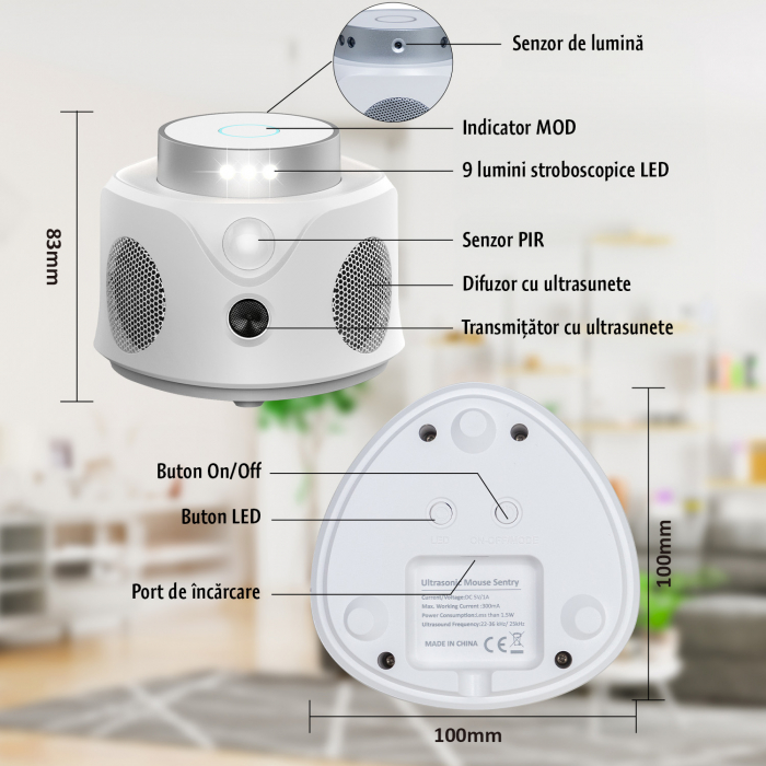 Aparat impotriva soarecilor UR02S, 3 moduri functionare, acoperire pana la 180㎡, 9 led-uri cu lumina stroboscopica [8]