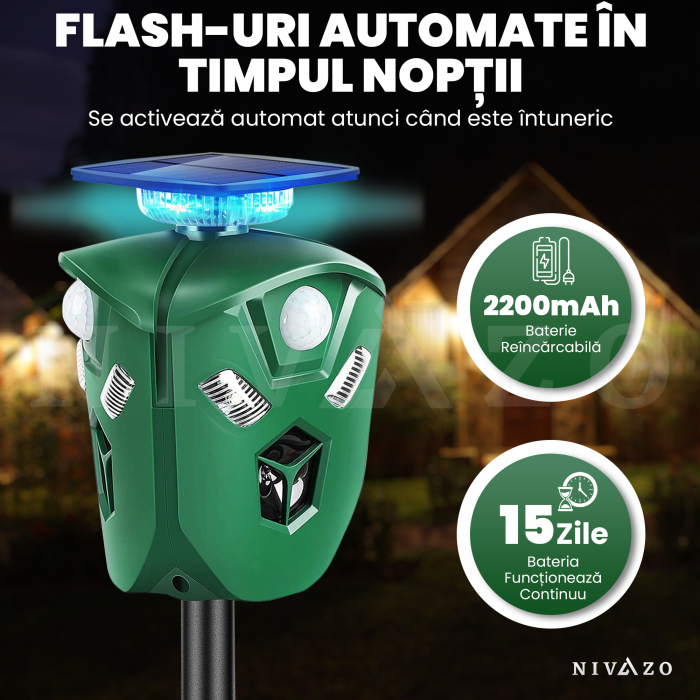 Aparat anti porumbei, Nivazo AR16, 3 laturi, 3 moduri functionare, acoperire 360 grade, incarcare solara [3]