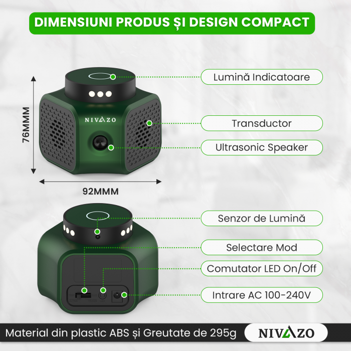 Aparat ultrasunete anti-soareci Nivazo UR02, 4 moduri functionare, acoperire 360 grade, lumina stroboscopica, verde [7]