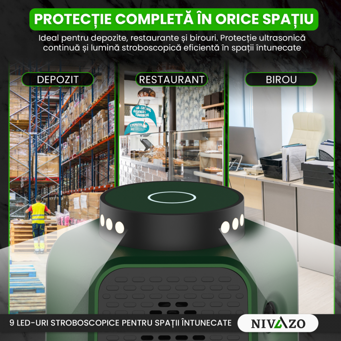 Aparat ultrasunete anti-soareci Nivazo UR02, 4 moduri functionare, acoperire 360 grade, lumina stroboscopica, verde [5]