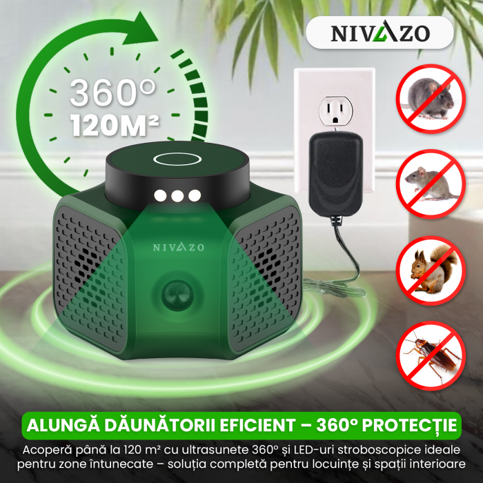 Aparat ultrasunete anti-soareci Nivazo UR02, 4 moduri functionare, acoperire 360 grade, lumina stroboscopica, verde [3]
