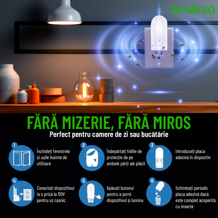 Capcana cu lipici anti insecte/muste, Nivazo® MK11, acoperire pana la 50m2, format din 2 parti lipicoase, lumina atractie UV, acumulator 2000mAh, usor de folsit [6]