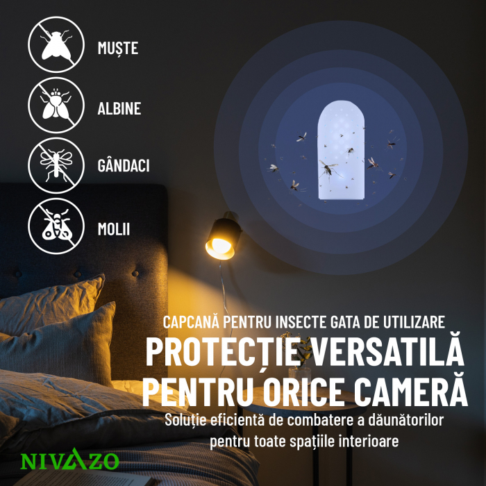 Capcana cu lipici anti insecte/muste, Nivazo® MK11, acoperire pana la 50m2, format din 2 parti lipicoase, lumina atractie UV, acumulator 2000mAh, usor de folsit [4]