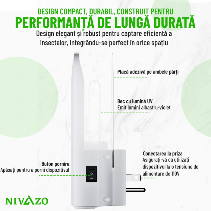 Capcana cu lipici anti insecte/muste, Nivazo® MK11, acoperire pana la 50m2, format din 2 parti lipicoase, lumina atractie UV, acumulator 2000mAh, usor de folsit [5]