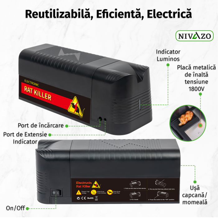 Capcana electrica soareci, Nivazo® MK08, tip cusca, 30 socuri electrice, 4 moduri semnalizare, ecologica, negru [4]