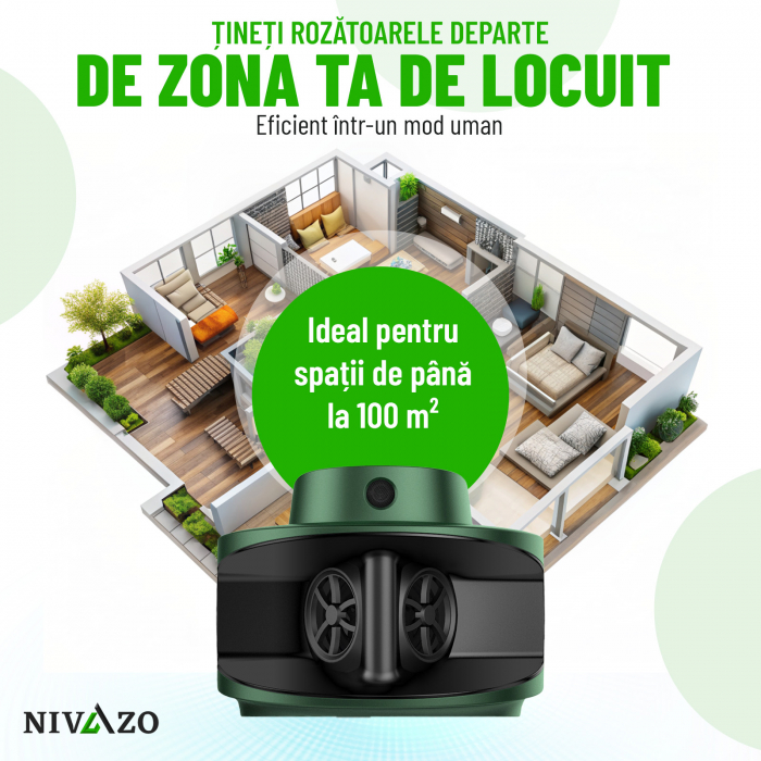 Dispozitiv cu ultrasunete anti-rozatoare, Nivazo® AR10, 4 moduri functionare, actiune 360⁰ si acoperire 100m2, lumina stroboscopica, 2 difuzoare [7]