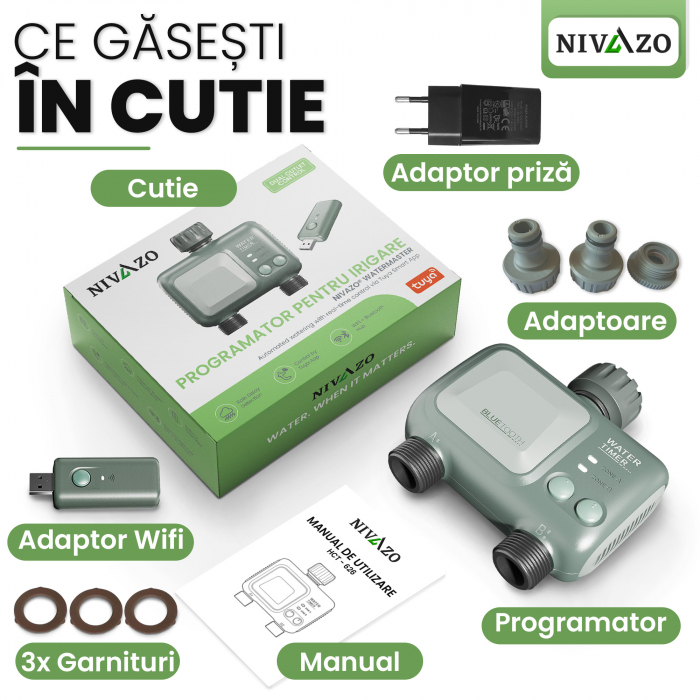 Programator irigat Nivazo® WaterMaster HCT-626, 2 zone, adaptor Wifi, control de la distanta, compatibil aplicatie Tuya [2]