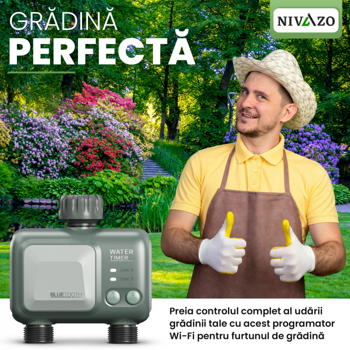 Programator irigat Nivazo® WaterMaster HCT-626, 2 zone, adaptor Wifi, control de la distanta, compatibil aplicatie Tuya [6]