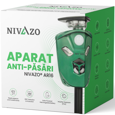 Catalog - Aparat anti porumbei, Nivazo AR16, 3 laturi, 3 moduri functionare, acoperire 360 grade, incarcare solara