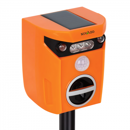 Aparate anti pisici - Aparat cu ultrasunete anti pisici, Nivazo® AR01, 2 moduri functionare, actiune 110⁰ si acoperire 10m2, incarcare solara, acumulator 600mAh, portocaliu