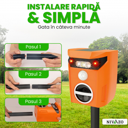 Aparat cu ultrasunete anti pisici, Nivazo® AR01, 2 moduri functionare, actiune 110⁰ si acoperire 10m2, incarcare solara, acumulator 600mAh, portocaliu [5]
