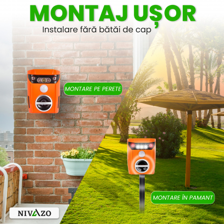 Aparat cu ultrasunete anti pisici, Nivazo® AR01, 2 moduri functionare, actiune 110⁰ si acoperire 10m2, incarcare solara, acumulator 600mAh, portocaliu [3]