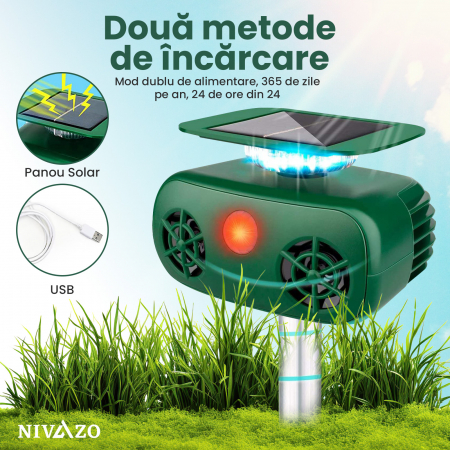 Aparat cu ultrasunete impotriva daunatorilor, Nivazo 628, 2 difuzoare ultrasonice, 5 moduri functionareincarcare solara/USB [1]