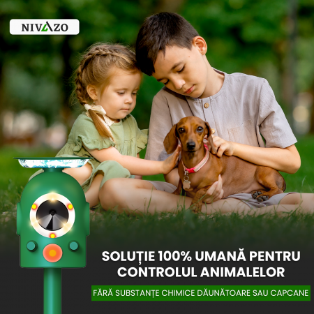 Aparat cu ultrasunete impotriva daunatorilor, Nivazo 658, 3 difuzoare, 5 moduri functionare, incarcare solara, rezistent la apa lP66, acoperire 360° [6]