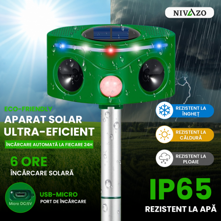 Aparat cu ultrasunete impotriva daunatorilor, Nivazo 686, 2 difuzoare, 5 moduri functionare, incarcare solara, rezistent la apa lP44, acoperire 110° [4]