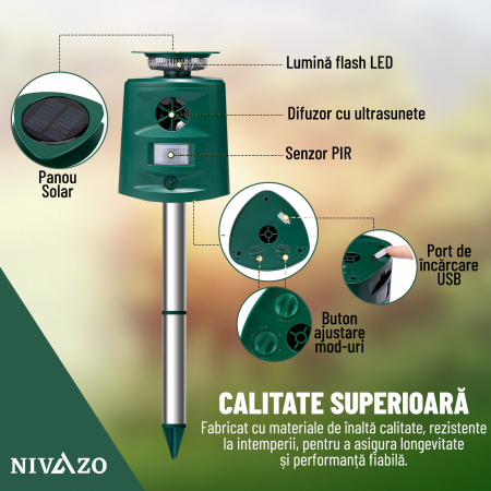 Aparat cu ultrasunete impotriva daunatorilor, Nivazo 698, 3 laturi, 5 moduri functionare, incarcare solara, rezistent la apa lP44, acoperire 360° [5]