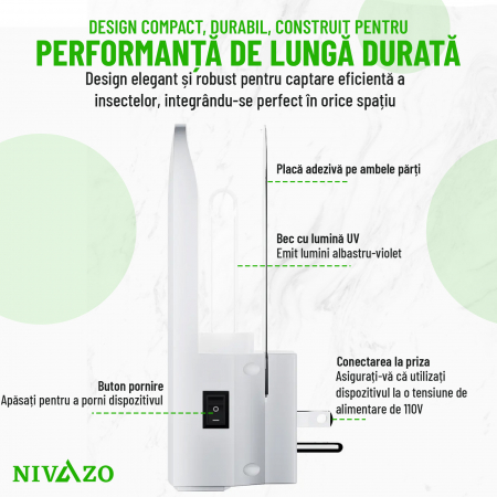 Capcana cu lipici anti insecte/muste, Nivazo® MK11, acoperire pana la 50m2, format din 2 parti lipicoase, lumina atractie UV, acumulator 2000mAh, usor de folsit [4]