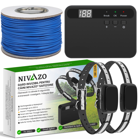 Gard invizibil câini Nivazo SafeZone, 2 zgărzi, transmitator, rezistent la apă, 5000 mp, cablu 200m