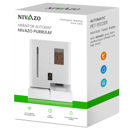 Hranitoare animale - Hrănitor automat 2 în 1 Nivazo Purrleaf, capacitate 4.5l hrană și 3l apă, cameră video, control din aplicație Tuya, sterilizare UV