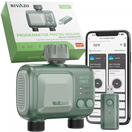 Programatoare stropire - Programator irigat Nivazo® WaterMaster HCT-626, 2 zone, adaptor Wifi, control de la distanta, compatibil aplicatie Tuya