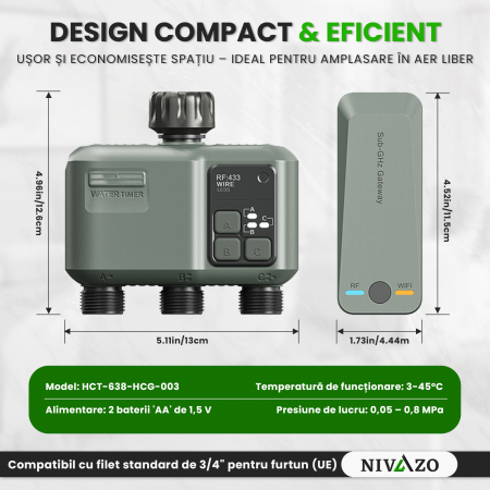 Programator pentru irigare Nivazo® WaterMaster HCT-638, adaptor Wifi, 3 zone, detectie ploaie [1]