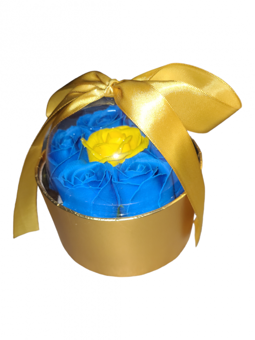 Aranjament 7 trandafiri parfumati sapun, albastru si galben, cutie aurie Cupola [2]