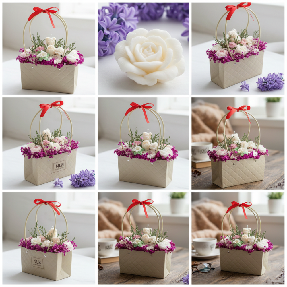 Aranjament cadou flori din ceară de soia , parfum zambilă, turnat manual, cutie tip poșetă [2]