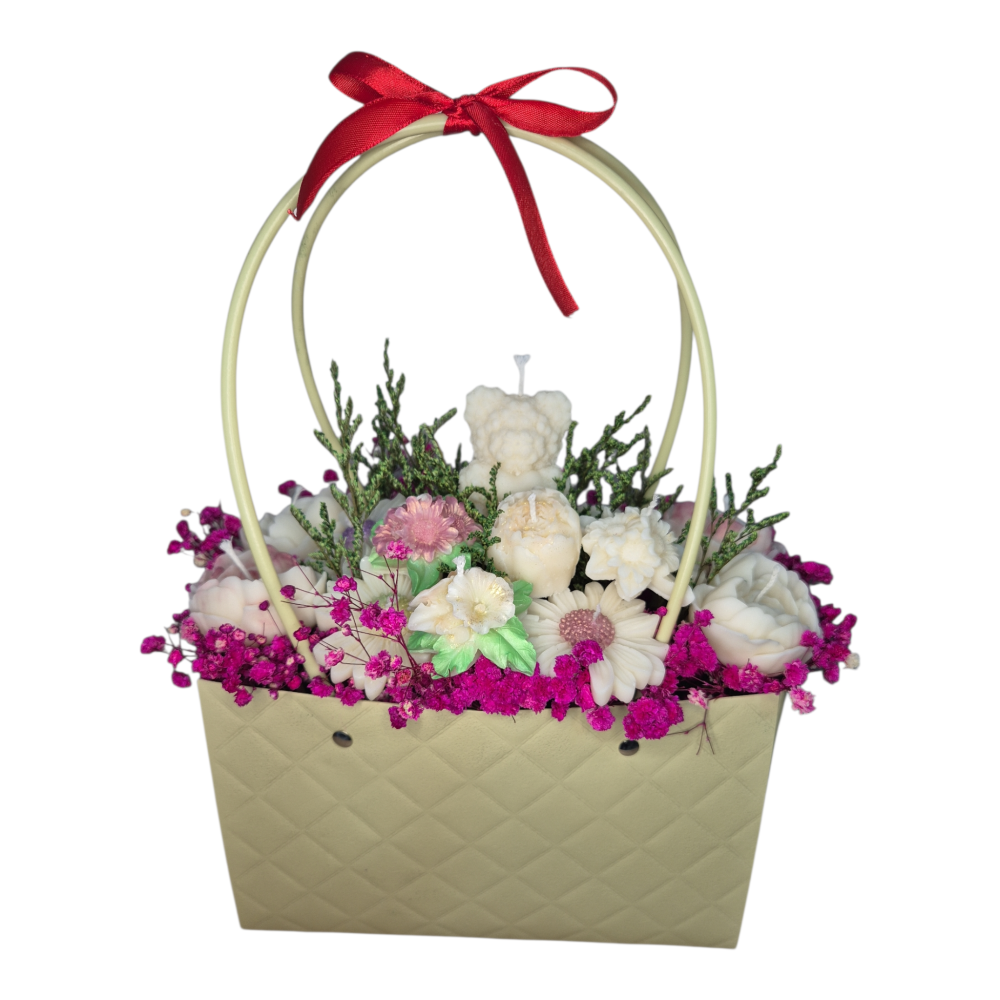 Aranjament cadou flori din ceară de soia , parfum zambilă, turnat manual, cutie tip poșetă [5]