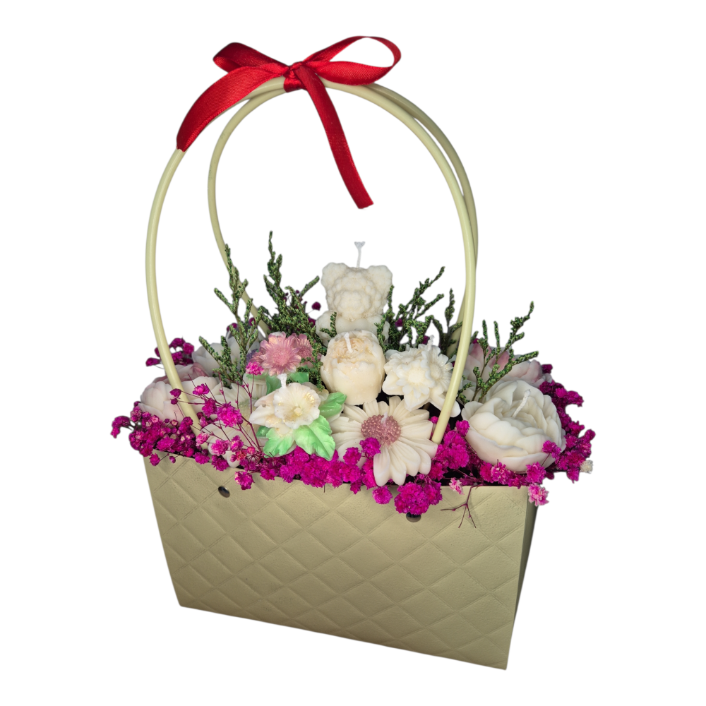 Aranjament cadou flori din ceară de soia , parfum zambilă, turnat manual, cutie tip poșetă [4]