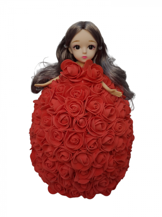 Aranjament Floral: Papusa cu Rochiță din Trandafiri de Sapun Rosu 25cm [2]