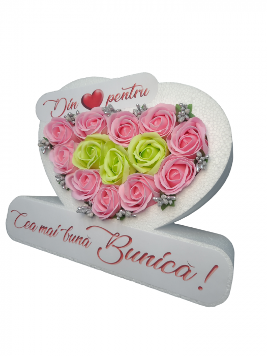 Aranjament trandafiri de sapun, Din inima pentru Cea mai buna Bunica, inima, 25cm, roz [2]