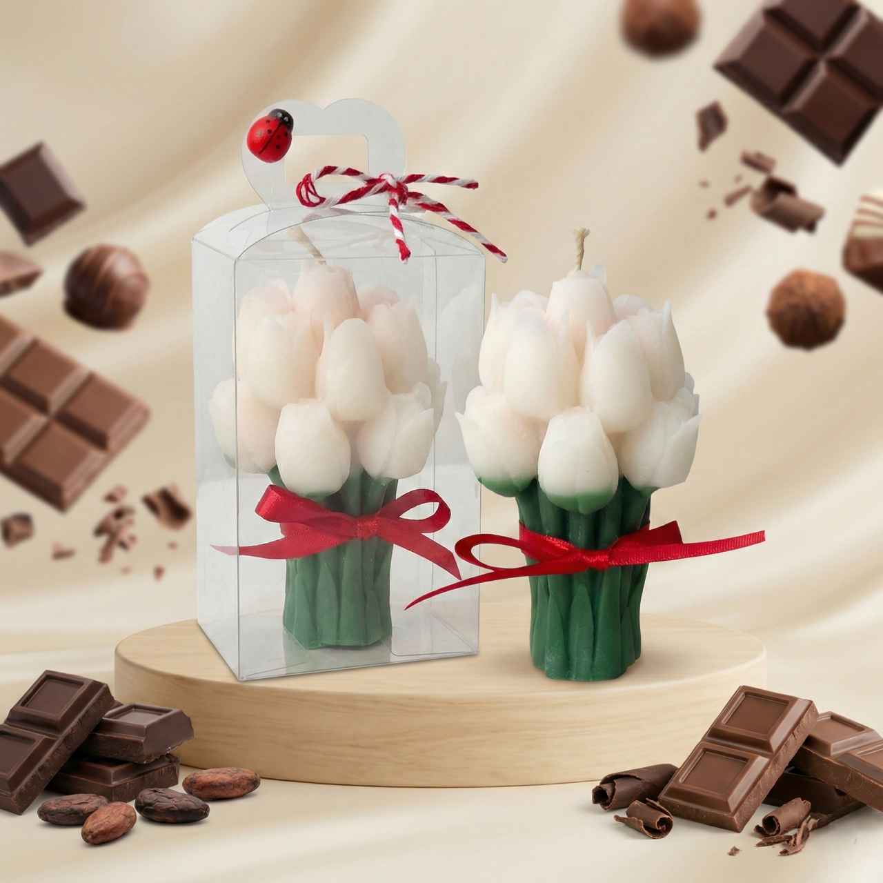 Lumânare Decorativă Buchet de Lalele Albe – Aromă de Ciocolată – Ceară de Soia [2]