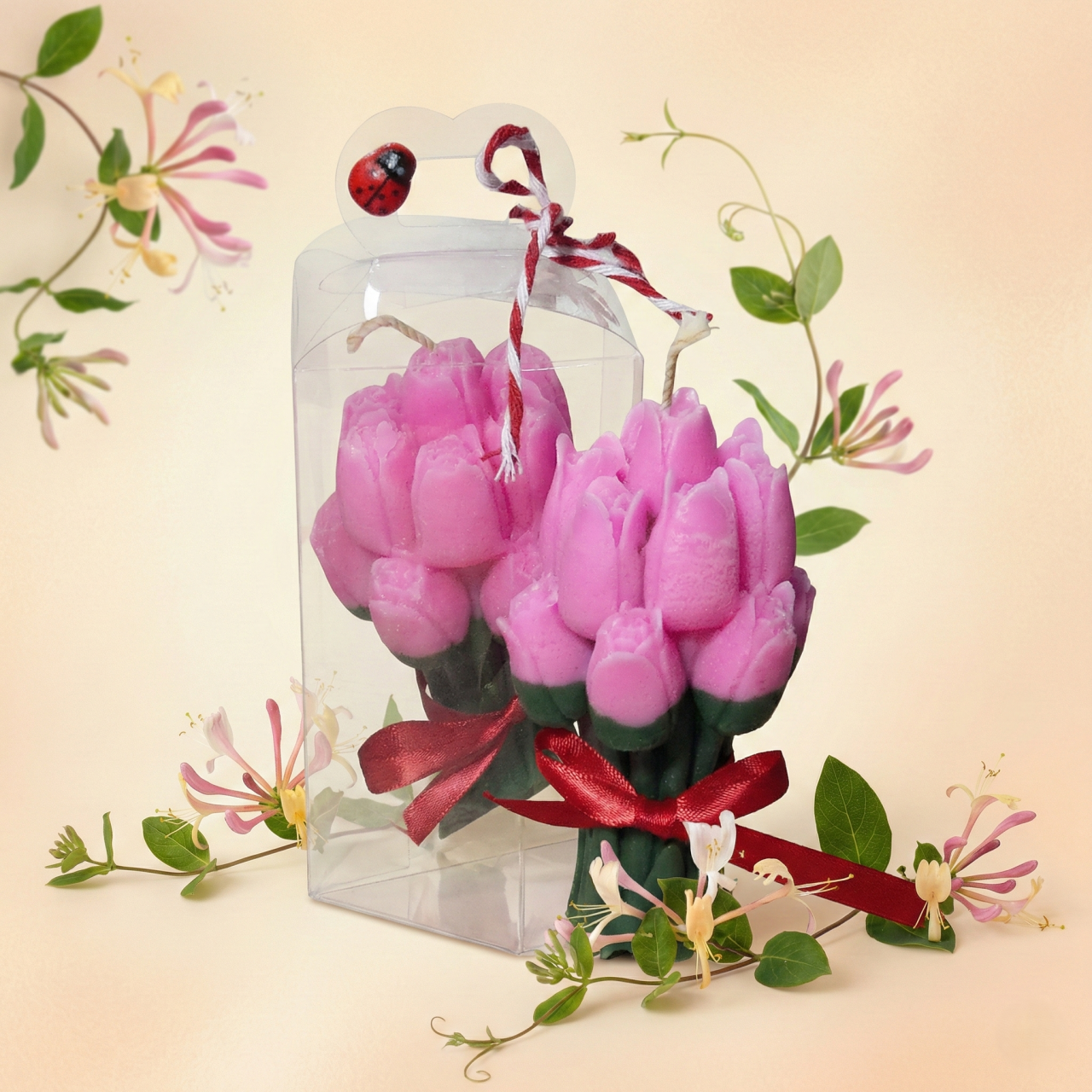 Lumânare Decorativă „Buchet de Lalele Lila” – Aromă de Caprifoi – Ceară de Soia [2]