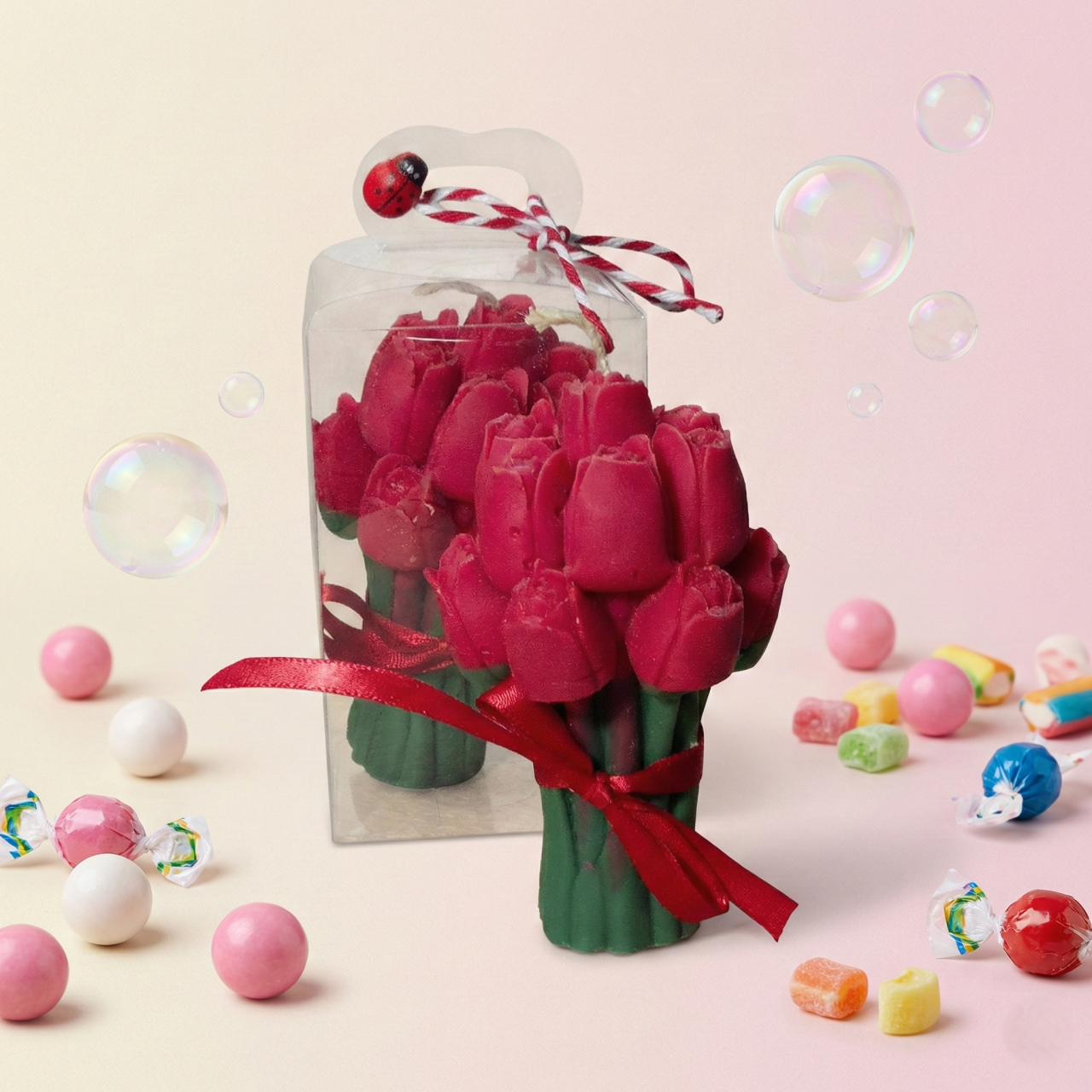 Lumânare Decorativă „Buchet de Lalele Magenta” – Aromă Bubblegum – Ceară de Soia [2]