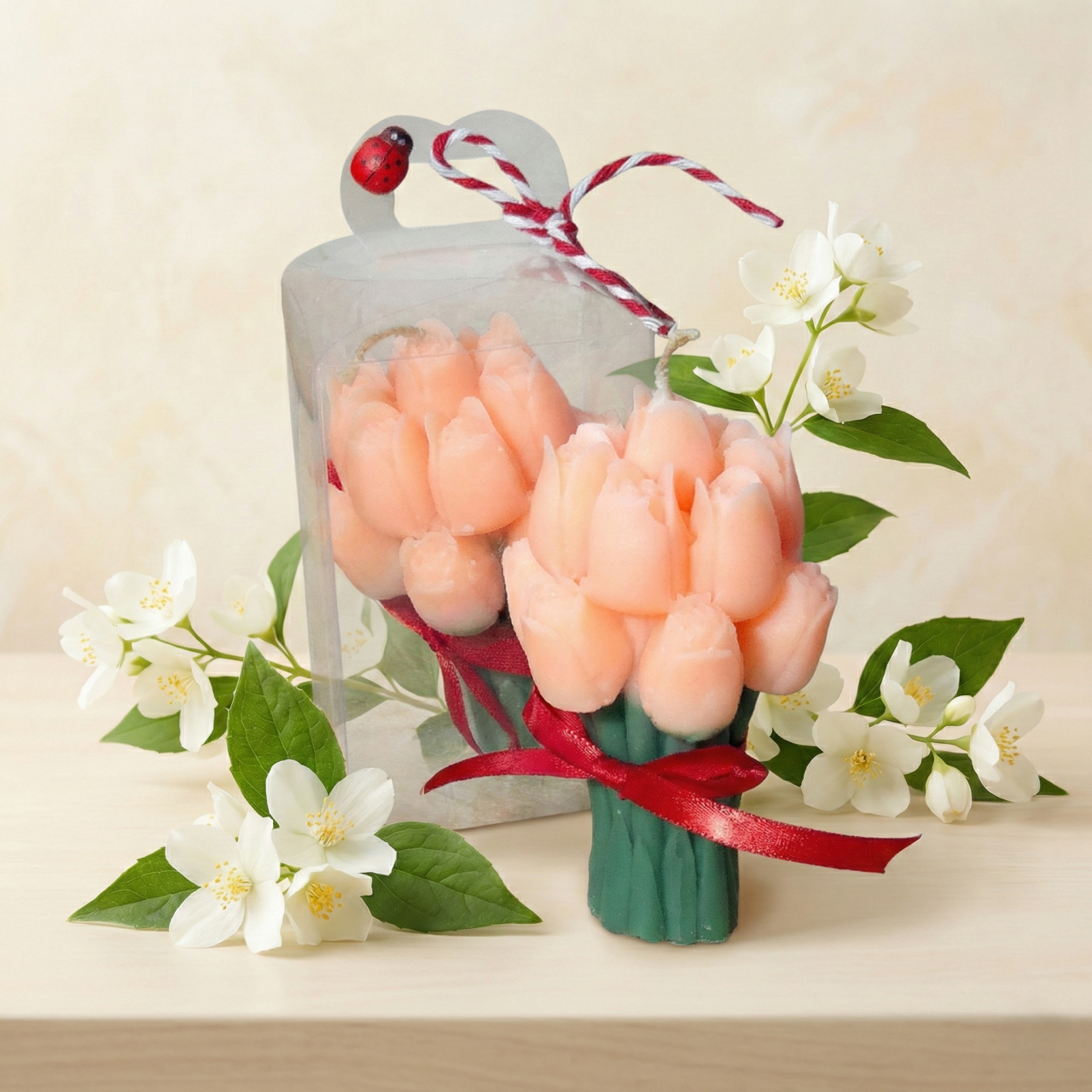 Lumânare Decorativă „Buchet de Lalele Roz” – Aromă de Iasomie – Ceară de Soia [2]