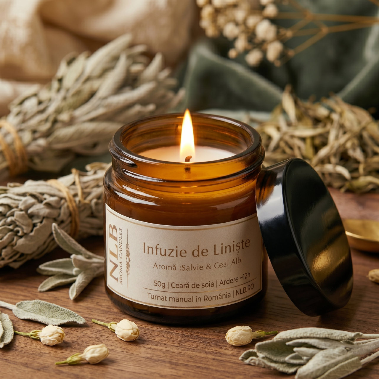 Lumânare Parfumată din Ceară de Soia "Infuzie de Liniște" - Salvie & Ceai Alb, 50g [2]