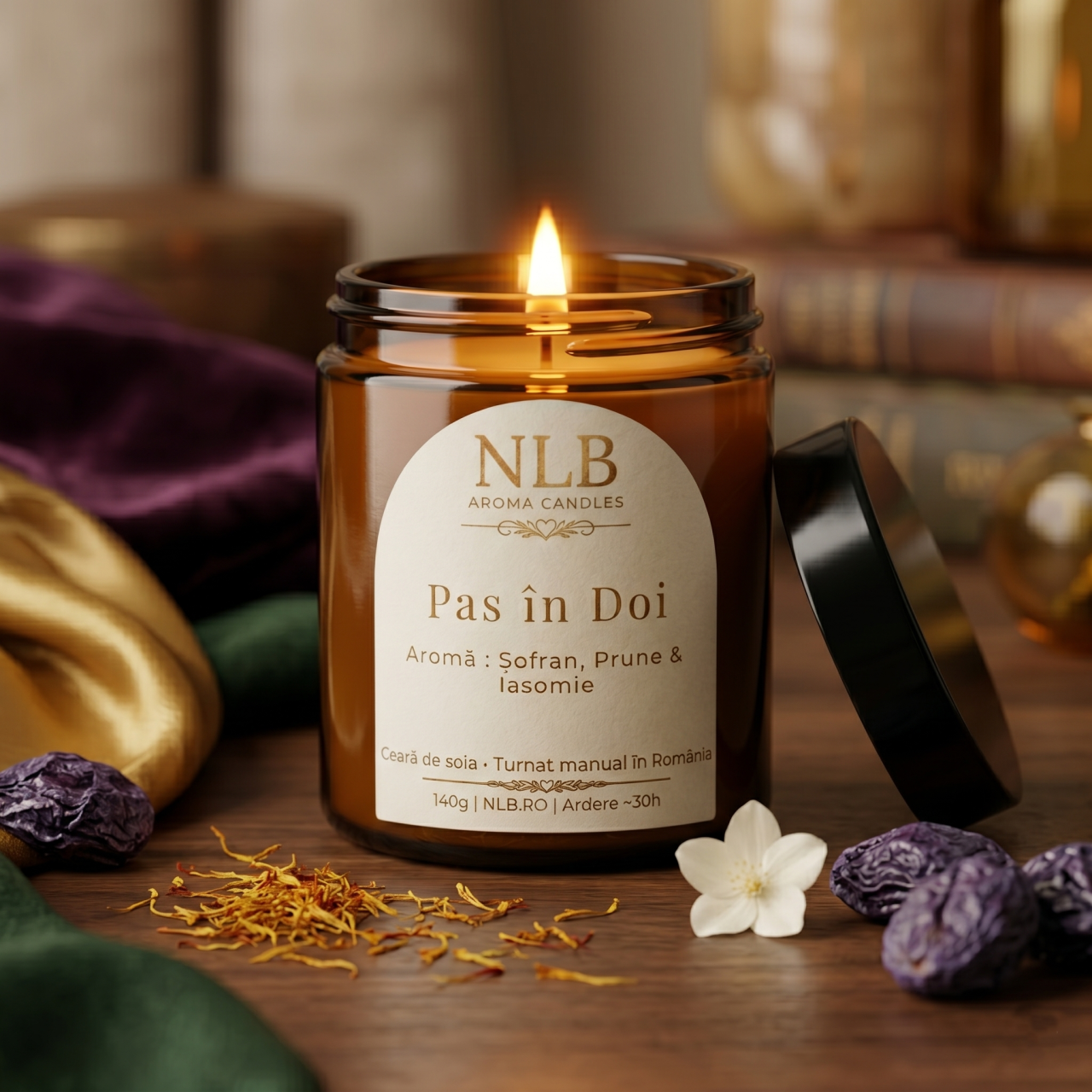 Lumânare Parfumată din Ceară de Soia "Pas în Doi" - Șofran, Prune & Iasomie, 140g [2]