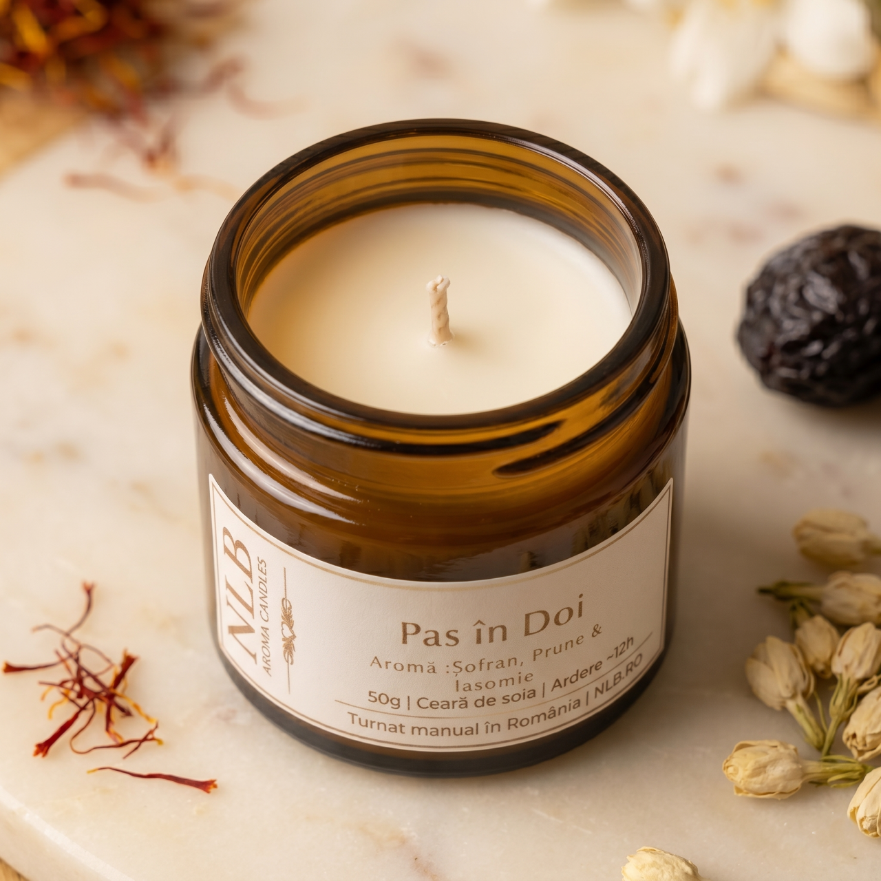 Lumânare Parfumată din Ceară de Soia "Pas în Doi" - Șofran, Prune & Iasomie, 50g [3]