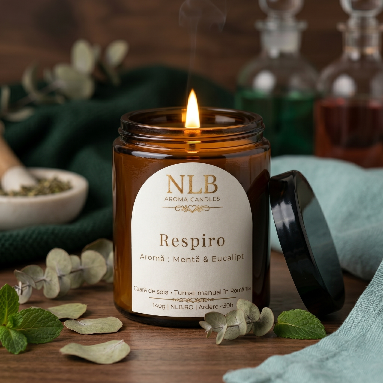 Lumânare Parfumată din Ceară de Soia "Respiro" - Mentă & Eucalipt, 140g [2]