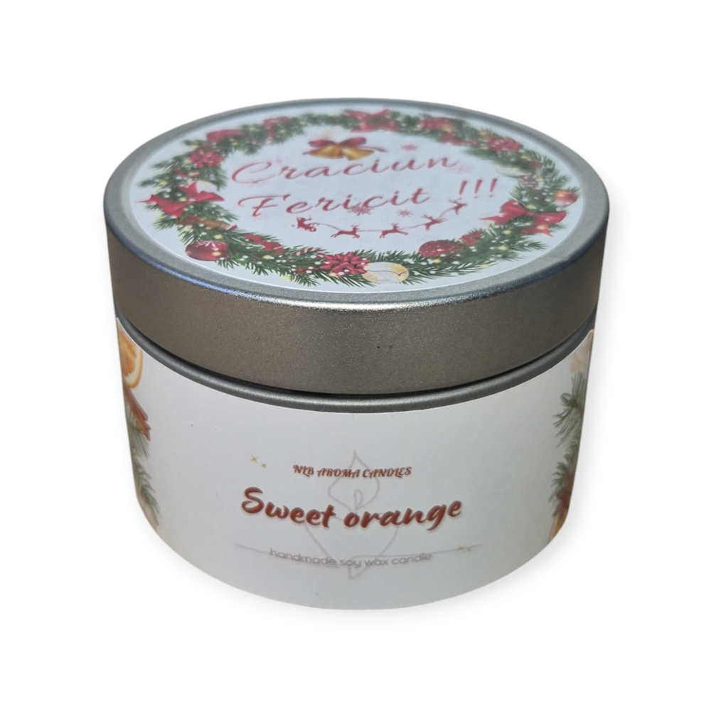 Lumanare Parfumată din Ceară de Soia – Sweet Orange, în Cutie Metalică "Crăciun Fericit" 140g [2]